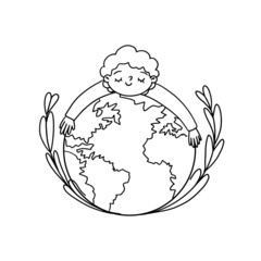 Cute Child hugs a globe. Outline Postcard for the Earth day with motivation phrase for saving planet. Ink drawn vector Childish Illustration with hand written Lettering