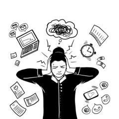 Woman overwhelmed, too many chores, goals. Information, multitask and data overload concept. Female person mental health concept. Silhouette design styles vector illustration
