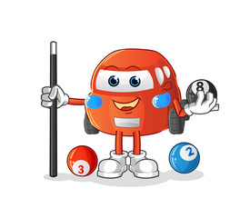 car plays billiard character. cartoon mascot vector