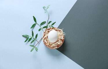 Nest with Easter egg and green branch on light background