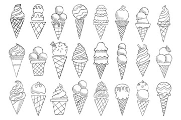 Ice cream vector sketch set. Hand drawn ice cream cone doodle - 485933996