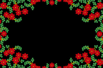 Floral frame of red painted watercolor flowers on a black background.