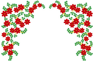 The ornament in the form of a frame on a white background painted in watercolor. Small red flowers.