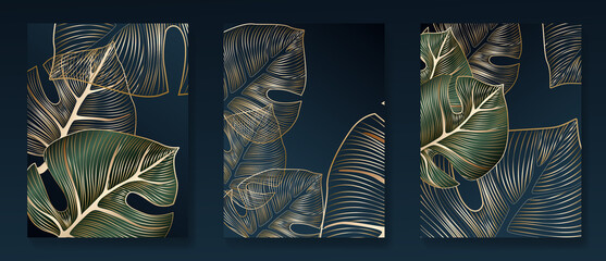 Luxury black and white background with golden monstera leaves. Stylish botanical design with lines for the interior. © VectorART