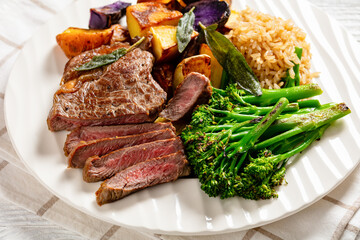 Steak with broccoli, top view