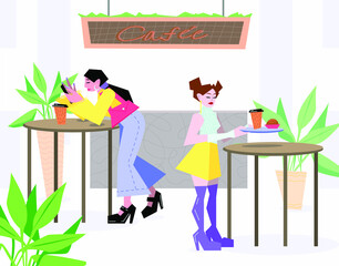 Illustration cartoon flat girls eating in cafe in shopping mall