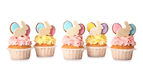 Yummy Easter cupcakes on white background