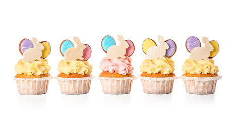 Yummy Easter cupcakes on white background
