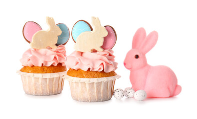 Yummy Easter cupcakes with eggs and bunny on white background