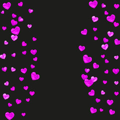 Valentine background with pink glitter hearts. February 14th day. Vector confetti for valentine background template. Grunge hand drawn texture. Love theme for special business offer, banner, flyer.