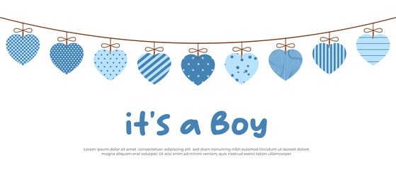 its a boy. Welcome greeting card for childbirth with hanging hearts. Vector illustration