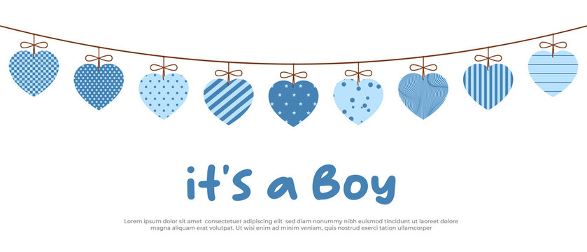 its a boy. Welcome greeting card for childbirth with hanging hearts. Vector illustration