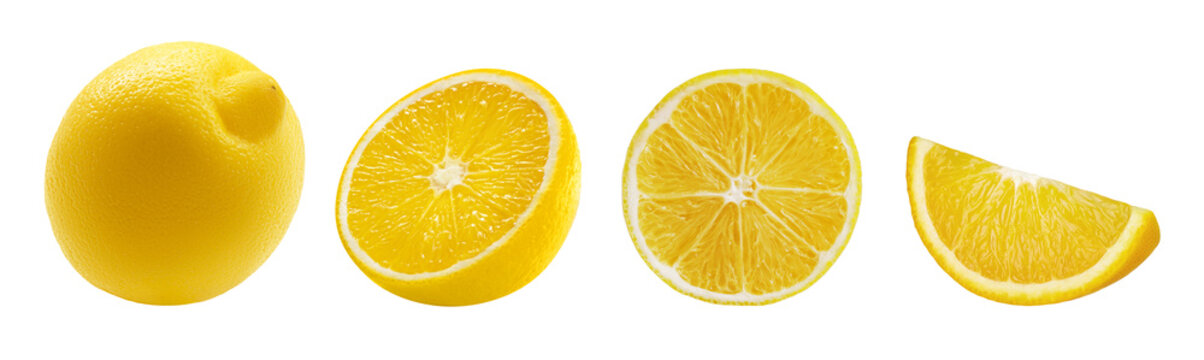 Set Of Lemon Different Pieces Isolated On White Background. Whole Fruit, Half And A Few Juicy Slices. Citrus Fruit For Cosmetics Or Organic Food Packaging Design. Source Of Vitamin C. Cut Out Elements