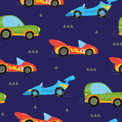 Modèle sans couture avec des voitures colorées pour enfants mignons sur fond bleu. Dessin pour textiles pour enfants avec voitures et transports, pour garçons. Illustration vectorielle dans un style plat minimaliste.