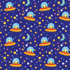 Seamless pattern with ufo space dish and alien on sky background. Vector illustration in a minimalistic flat style, hand drawn. Cute print for textiles, print design, postcards.