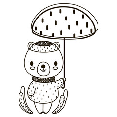 Cute isolated black and white childish illustration. Cartoon outline cute beaver under a umbrella. For coloring book. Vector.