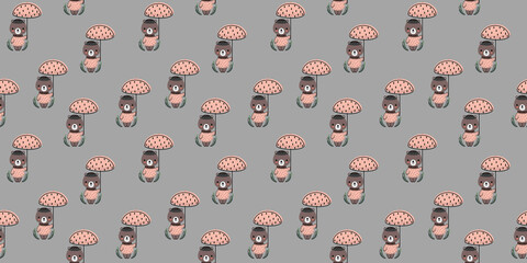 Cute childish seamless pattern. Cartoon cute beavers under pink umbrellas on a gray background in Scandinavian style. For nursery design, baby shower, a print on clothes, textile, wallpaper. Vector.