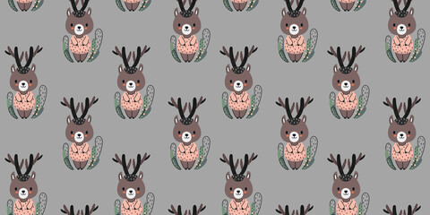 Seamless pattern of little cute cartoon deer girls in a short pink dresses and flowering plants on a gray background. For the design of children's clothing, print, nursery wallpaper, fabric. Vector.