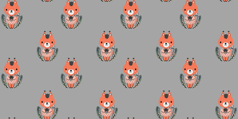 Seamless pattern of baby squirrels in pink t-shirts holding mushrooms on a gray background. Cute childish texture for a children's graphic design, fashion or nursery decor. Vector.