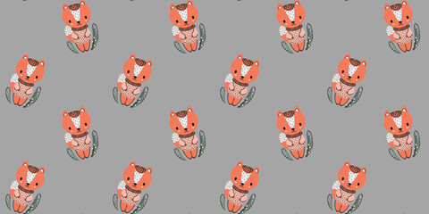 Seamless pattern of little cute foxes in pink sweaters and grass on a gray background. Lovely stylized Scandinavian style cartoon texture for toddlers design. Vector.