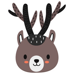 Little cute cartoon deer face on a white background. For the design of children's clothing, print on a t-shirt, sticker, nursery decor. Vector.