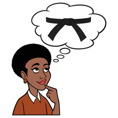 Black Woman thinking about Karate - A cartoon illustration of a Black Woman thinking about getting her Black Belt in Karate.