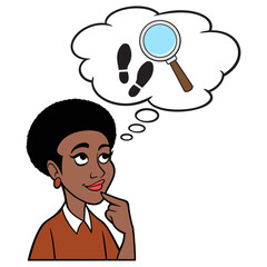 Black Woman thinking about a Crime Investigation - A cartoon illustration of a Black Woman thinking about an ongoing Crime Investigation.
