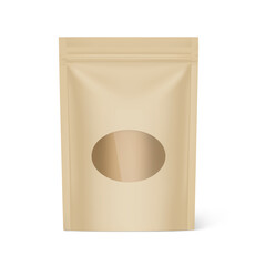 Kraft pouch bag mockup isolated on white background with oval plastic window. Vector illustration. Perfect for final pack shot of your product. EPS10.	
