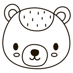 Isolate black and white face of baby bear. Cartoon outline cute illustration for kids for print, sticker, coloring book or page. Vector.