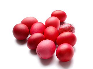 Many colorful Easter eggs on white background