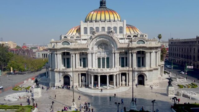 Aerial view of Mexico City, light trails and Bellas Artes and torre latinoamericana