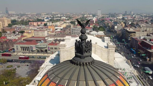 Aerial view of Mexico City, light trails and Bellas Artes and torre latinoamericana