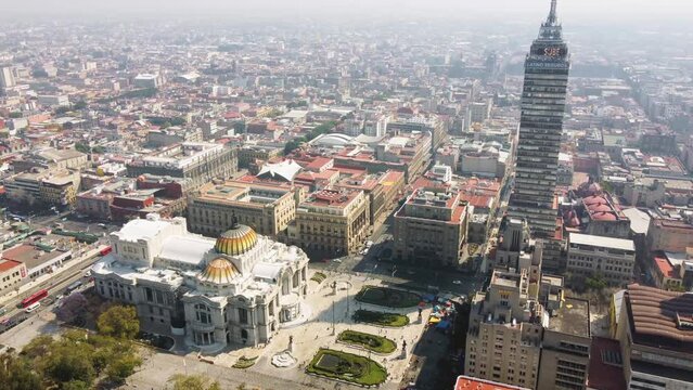 Aerial view of Mexico City, light trails and Bellas Artes and torre latinoamericana