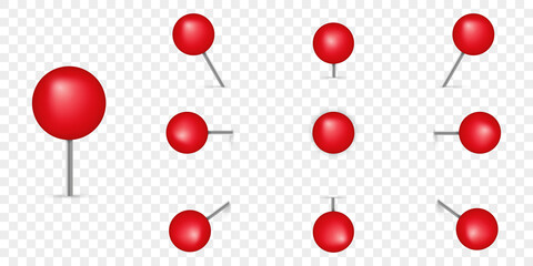 Push Pin Red Realistic Set. 3D Thumbtack with Metal Needle on Transparent Background at an Angle. Collection of Red Globe Pushpin for Map. Round Pushpin for Paper Note. Isolated Vector Illustration