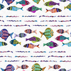 Whimsical fish riso print seamless pattern. Colorful cute under the sea swimming tropical fishes. Childish riso screen print effect. Playful summer beach vacation kid illustration background.