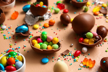Fototapeta na wymiar Chocolate Easter eggs with different candies and sprinkles on beige background, closeup