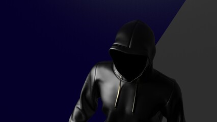 Anonymous hacker with black color hoodie in shadow under deep blue-gray red background. Dangerous criminal concept image. 3D CG. 3D illustration. 3D high quality rendering.
