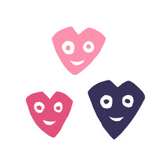Three vector colored stylized hearts in the form of smileys. Valentine's day, lovers' day, happiness, sketch, doodle, minimalism.