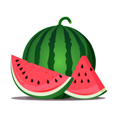 Ripe watermelon and two juicy slices, illustration on white background