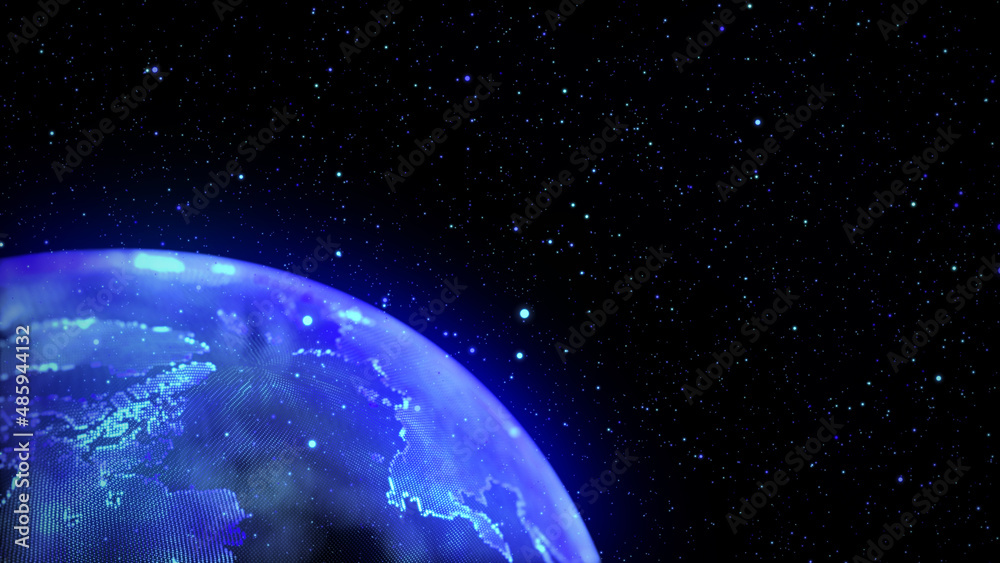 Poster Glowing earth in space. Global network. Blue world map conposition with dots. 3d rendering.