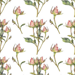 Seamless pattern watercolor branch with little roses and green leaves on pink background. Spring summer hand-drawn flower for wedding, 8 march celebration. Art for card, wallpaper wrapping