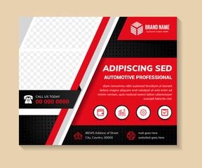 abstract banner template design use a headline is automotive professional. Horizontal layout with space for photo and text. black background with red and grey color on elements. circle hole pattern