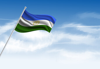 Flag of the Bashkortostan on a stick, clear sky in the background