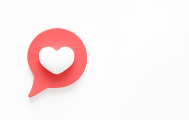 3d social media notification love icon. Social media notification love like heart icon isolated on white background with shadow and reflection 3D rendering