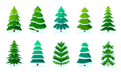 Xmas tree snow winter forest green cartoon set. Christmas season landscape festive different shape evergreen. Flat style object greeting card sticker holiday collage new year decorative isolated white