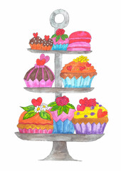 Colorful cupcakes on cake stand