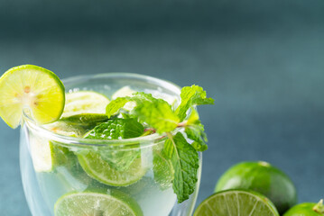 Close up of green lime juice soda with mint leaf, Fresh drink in summer season