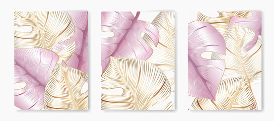 Luxury background with golden and purple monstera leaves in line art style. Set of botanical art posters with tropical plants for design, decor, packaging - obrazy, fototapety, plakaty