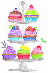Colorful cupcakes on cake stand