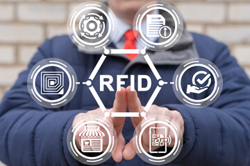Concept of RFID - Radio Frequency Identification Communication Modern Shopping. RFID chip tag...